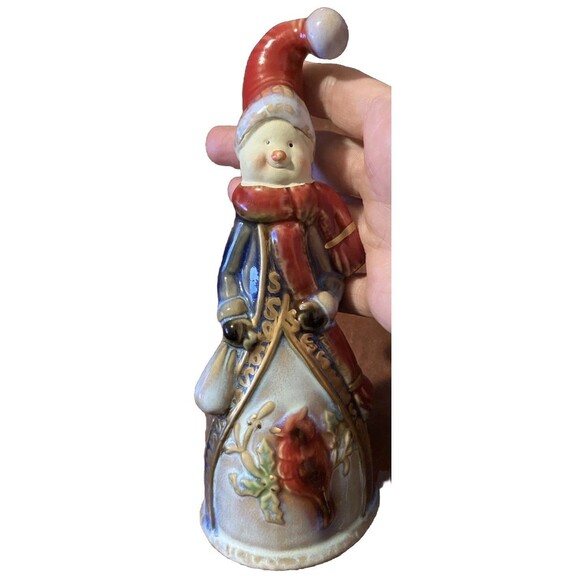 Vintage Old World Snowman Bell With A Cardinal Bird Glazed Shiny 8" Christmas - Picture 14 of 16